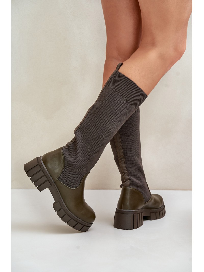Knee Boots With Elastic Shaft On Flat Heel Light Beige Mesidra