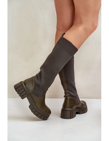 Knee Boots With Elastic Shaft On Flat Heel Light Beige Mesidra