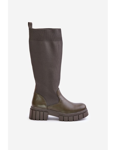 Knee Boots With Elastic Shaft On Flat Heel Light Beige Mesidra