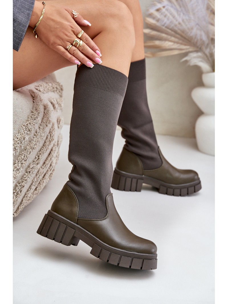 Knee Boots With Elastic Shaft On Flat Heel Light Beige Mesidra