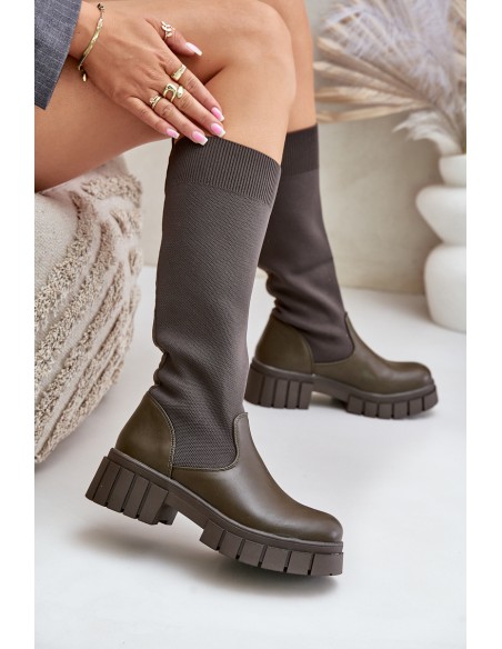 Knee Boots With Elastic Shaft On Flat Heel Light Beige Mesidra