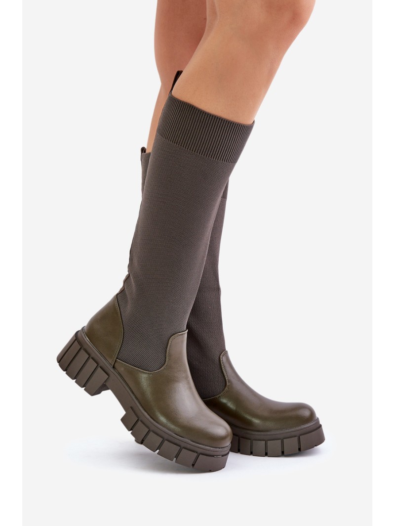 Knee Boots With Elastic Shaft On Flat Heel Light Beige Mesidra