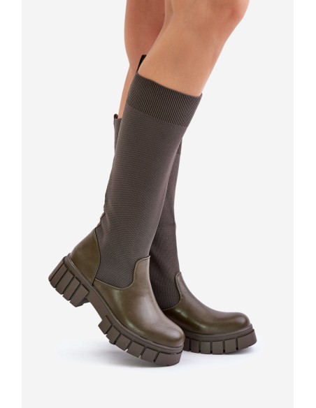 Knee Boots With Elastic Shaft On Flat Heel Light Beige Mesidra