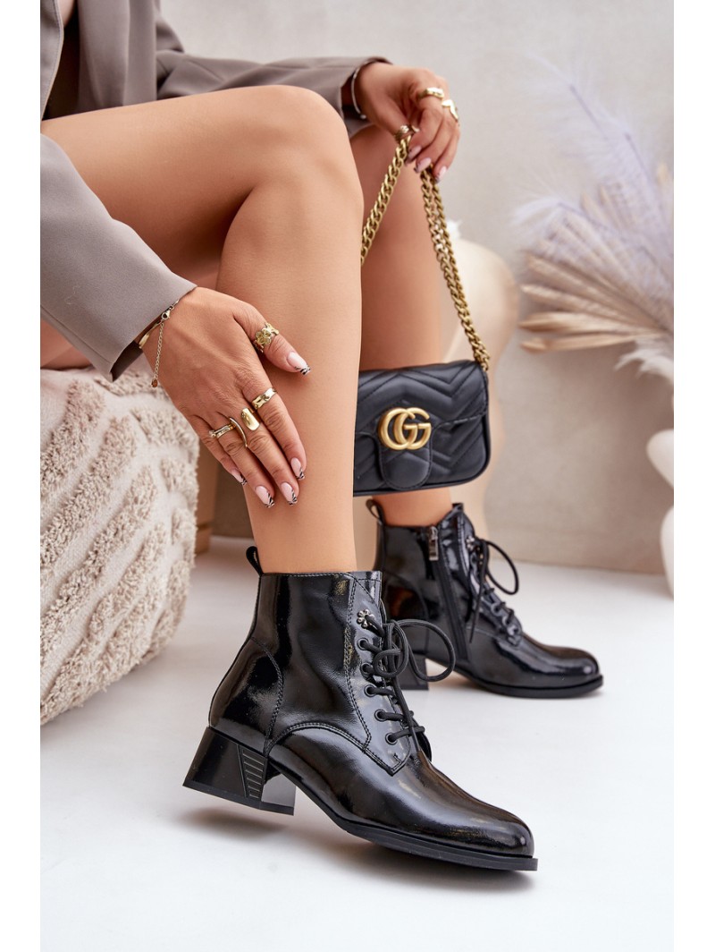 Leather Lacquered Ankle Boots On Block Insulated D&A JC42-53 Black