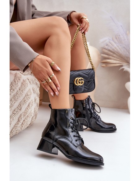 Leather Lacquered Ankle Boots On Block Insulated D&A JC42-53 Black