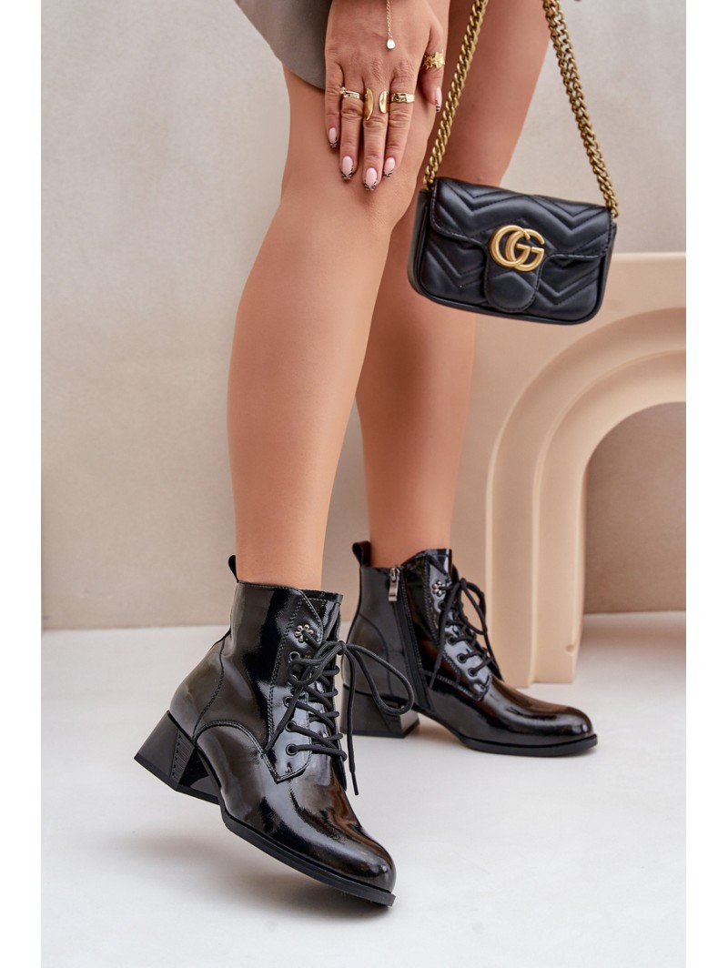 Leather Lacquered Ankle Boots On Block Insulated D&A JC42-53 Black