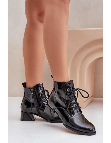 Leather Lacquered Ankle Boots On Block Insulated D&A JC42-53 Black