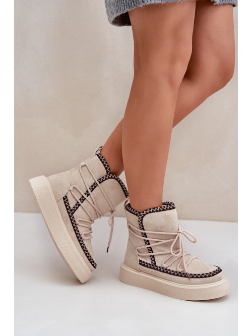 Women's Snow Boots With Embroidery On Platform Light Beige Naleris