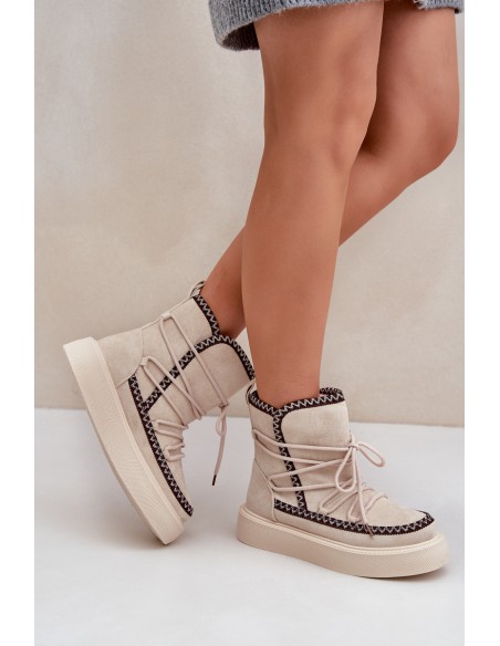 Women's Snow Boots With Embroidery On Platform Light Beige Naleris
