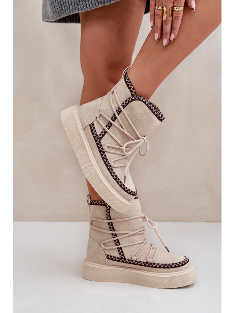 Women's Snow Boots With Embroidery On Platform Light Beige Naleris