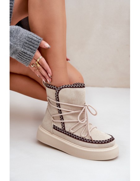 Women's Snow Boots With Embroidery On Platform Light Beige Naleris