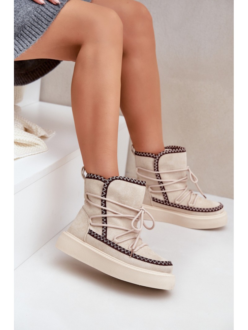 Women's Snow Boots With Embroidery On Platform Light Beige Naleris