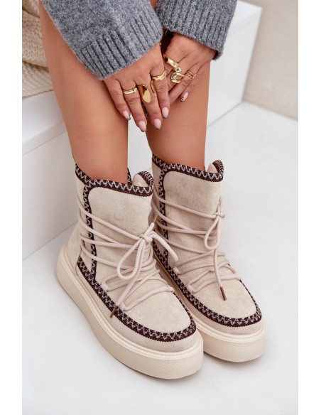 Women's Snow Boots With Embroidery On Platform Light Beige Naleris