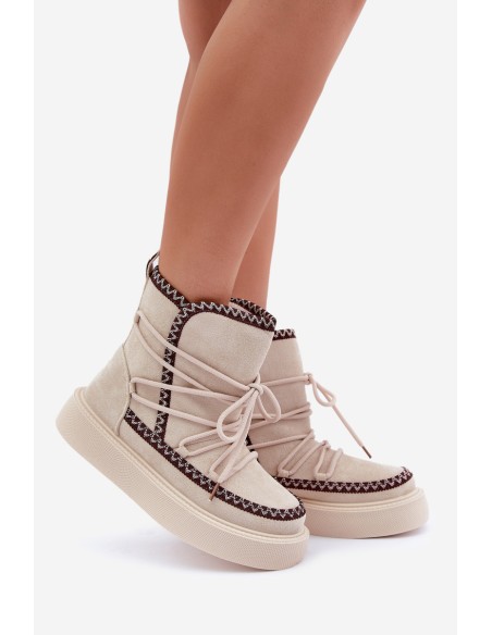 Women's Snow Boots With Embroidery On Platform Light Beige Naleris