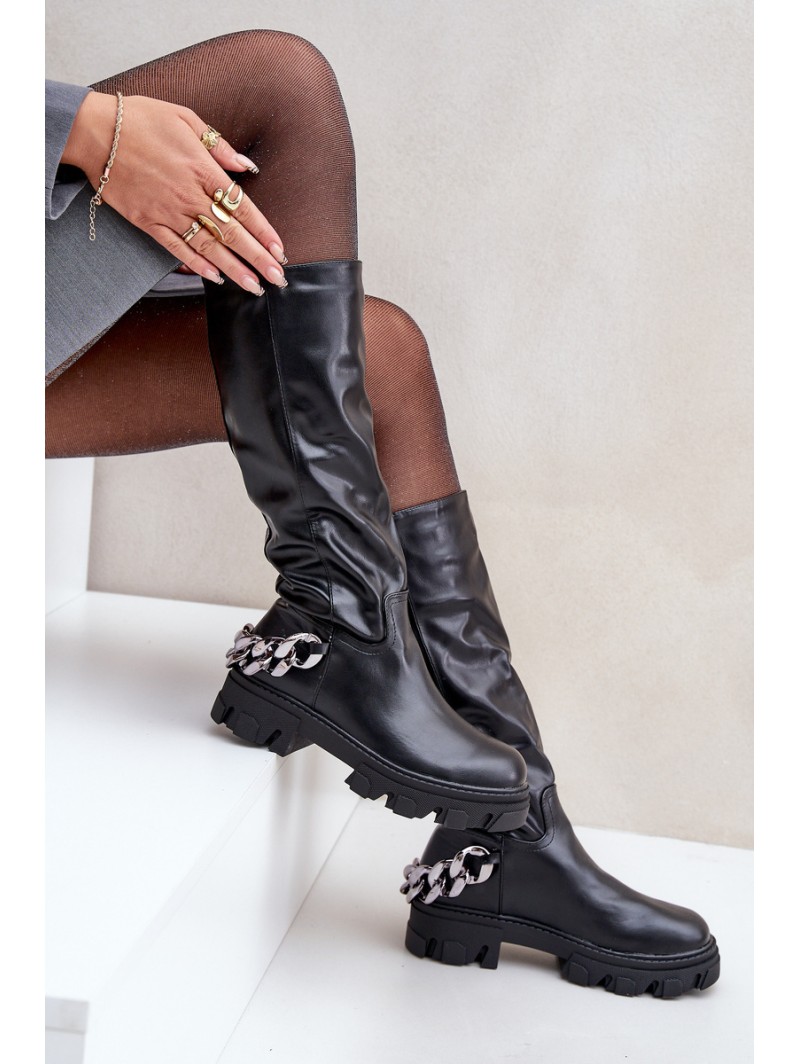 Flat Heeled Boots With Chain Black Nauricette