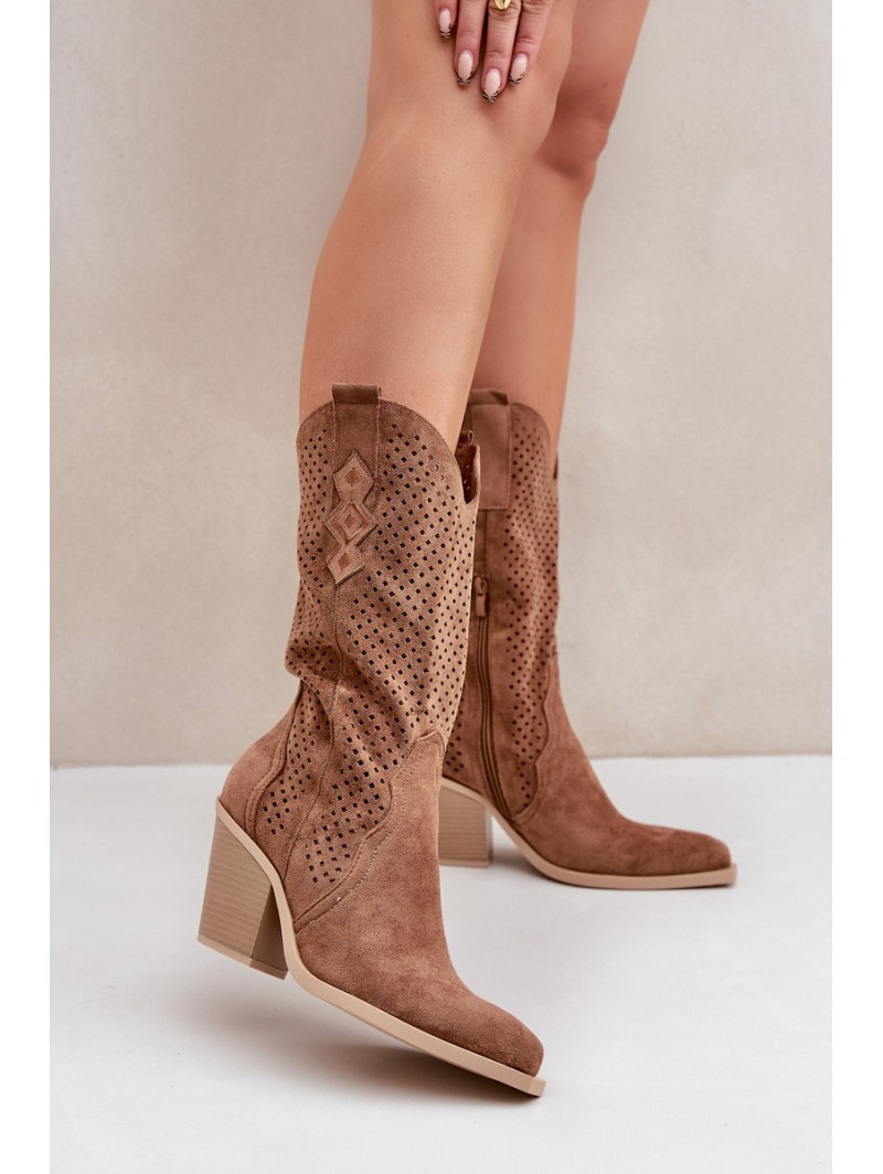 Perforated Cowboy Ankle Boots On Heel Brown Salive