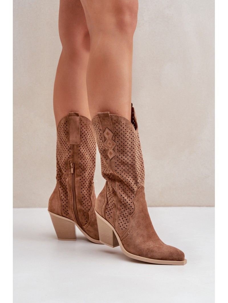 Perforated Cowboy Ankle Boots On Heel Brown Salive