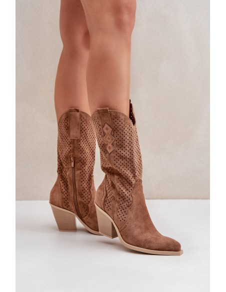 Perforated Cowboy Ankle Boots On Heel Brown Salive