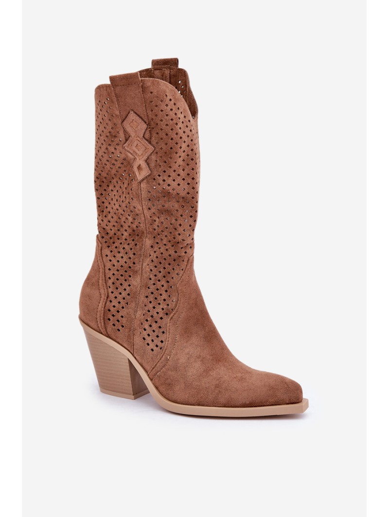 Perforated Cowboy Ankle Boots On Heel Brown Salive