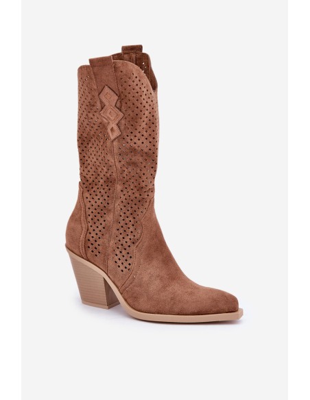 Perforated Cowboy Ankle Boots On Heel Brown Salive