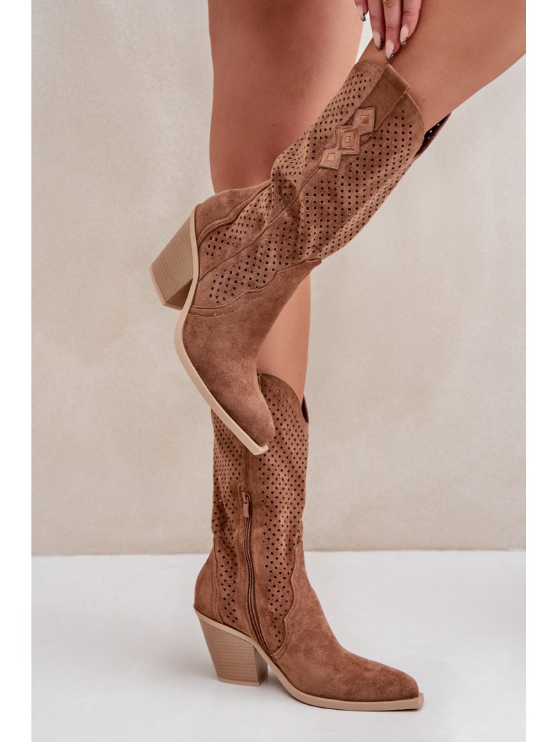 Perforated Cowboy Ankle Boots On Heel Brown Salive