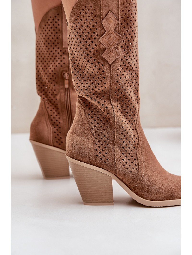Perforated Cowboy Ankle Boots On Heel Brown Salive