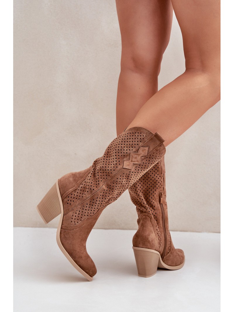 Perforated Cowboy Ankle Boots On Heel Brown Salive