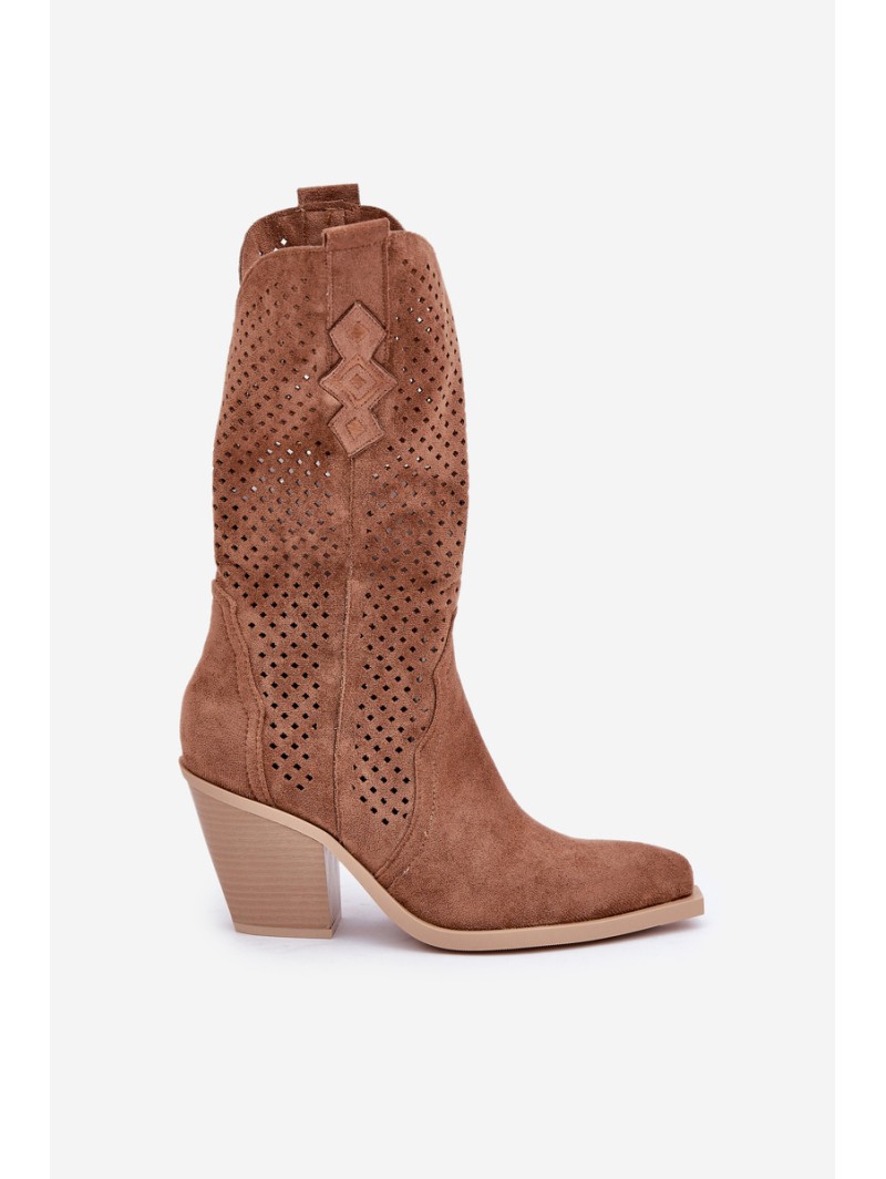 Perforated Cowboy Ankle Boots On Heel Brown Salive