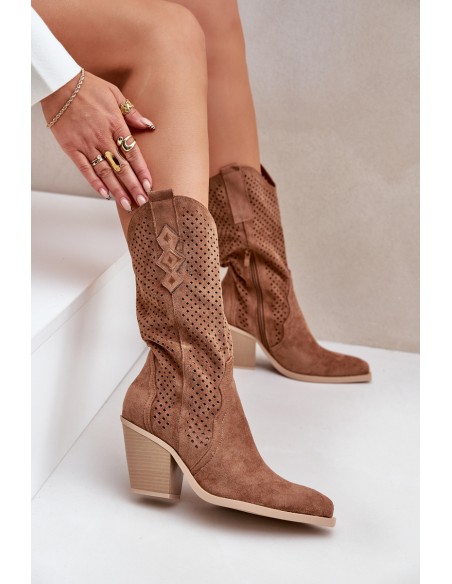 Perforated Cowboy Ankle Boots On Heel Brown Salive