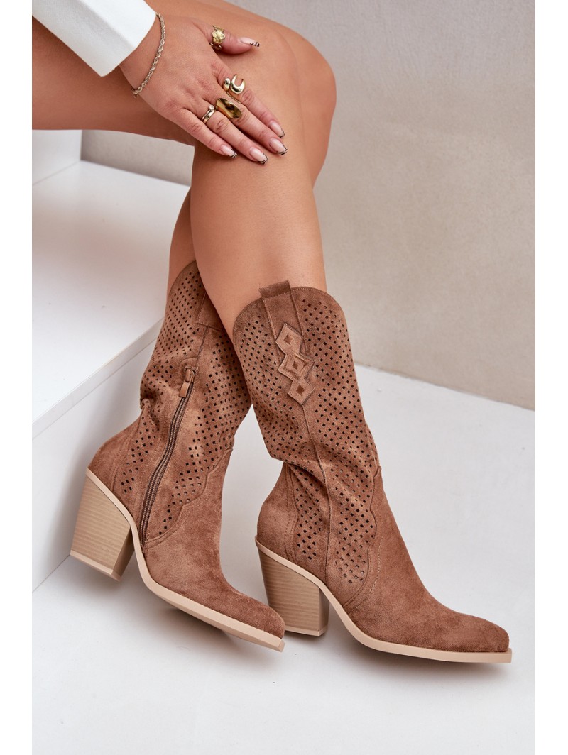 Perforated Cowboy Ankle Boots On Heel Brown Salive