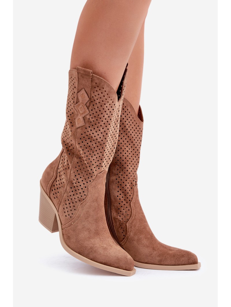 Perforated Cowboy Ankle Boots On Heel Brown Salive