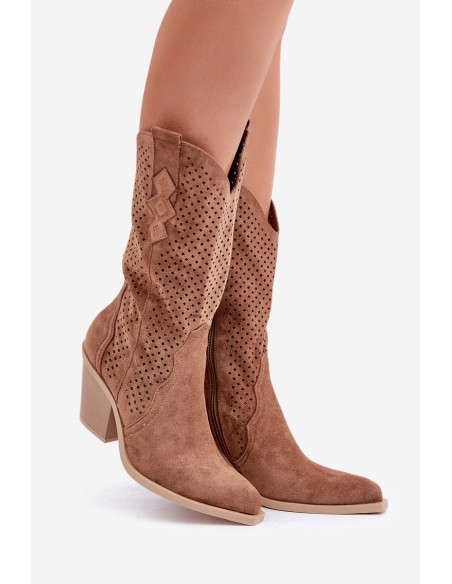 Perforated Cowboy Ankle Boots On Heel Brown Salive