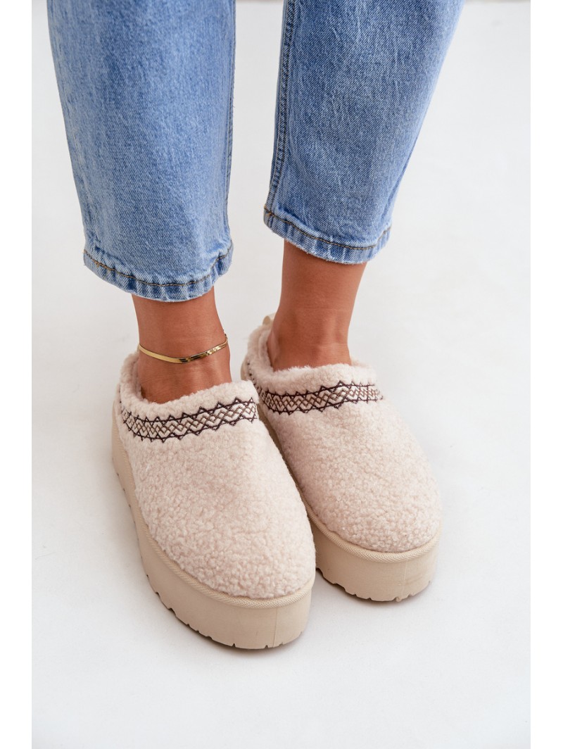 Snow Boots Slippers On Platform With Sheepskin Light Beige Leaniella