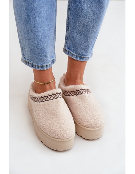 Snow Boots Slippers On Platform With Sheepskin Light Beige Leaniella