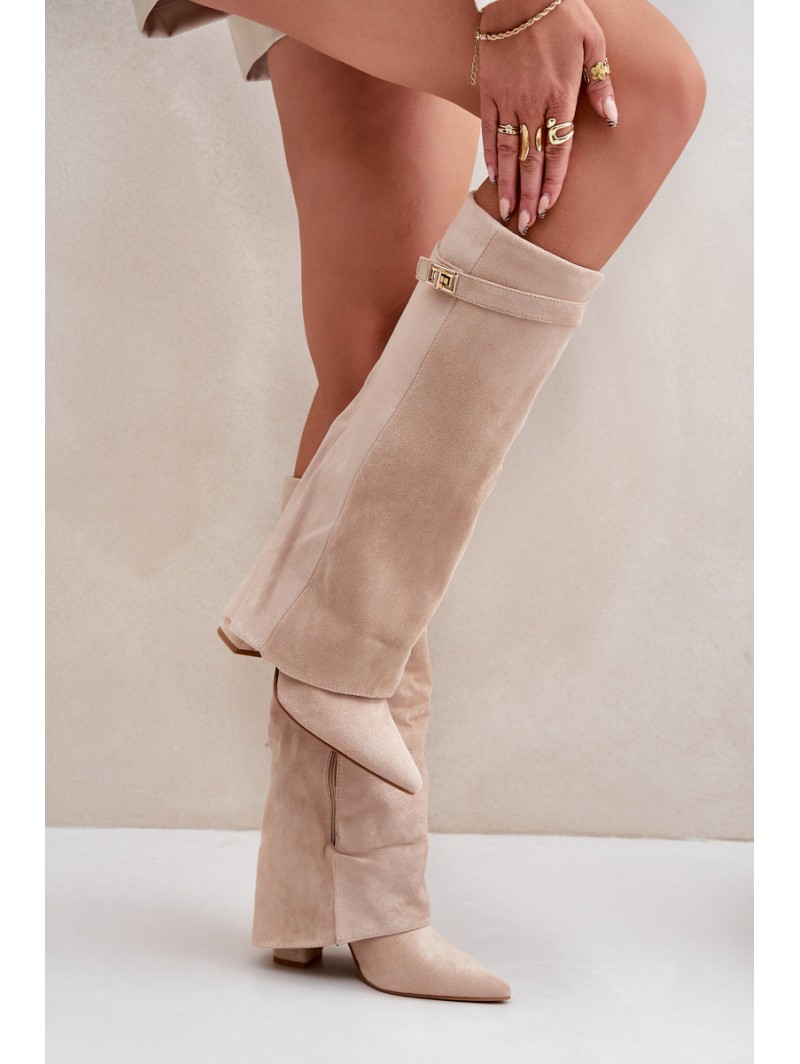 Women Knee High Heeled Boots Light Beige Portora