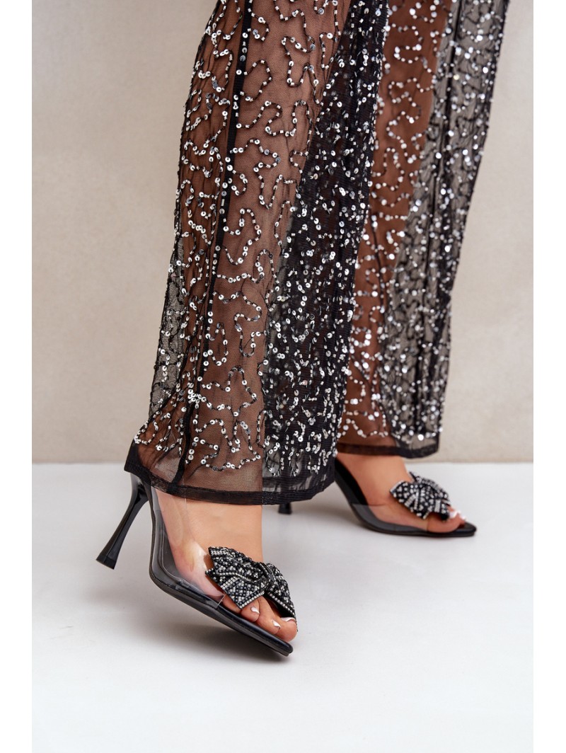 Transparent High Heel Sandals With Shiny Bow Black Viosta