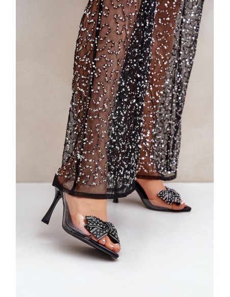 Transparent High Heel Sandals With Shiny Bow Black Viosta
