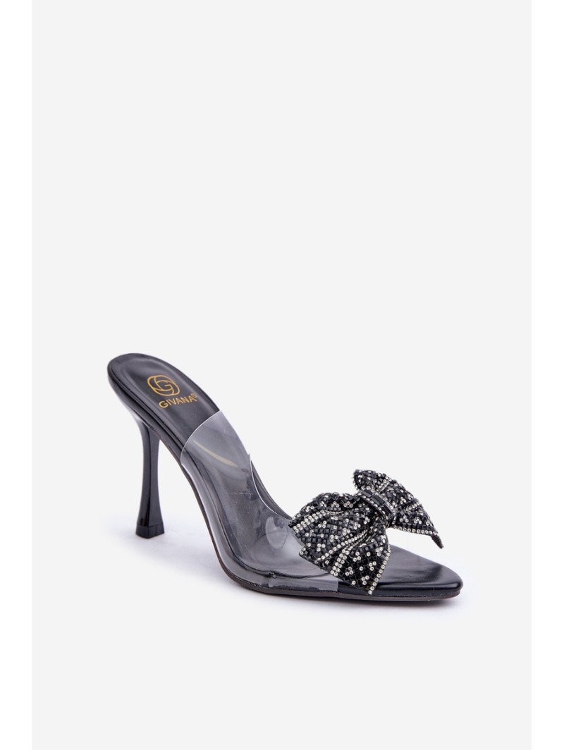 Transparent High Heel Sandals With Shiny Bow Black Viosta