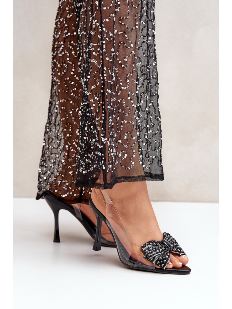 Transparent High Heel Sandals With Shiny Bow Black Viosta