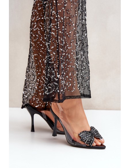 Transparent High Heel Sandals With Shiny Bow Black Viosta