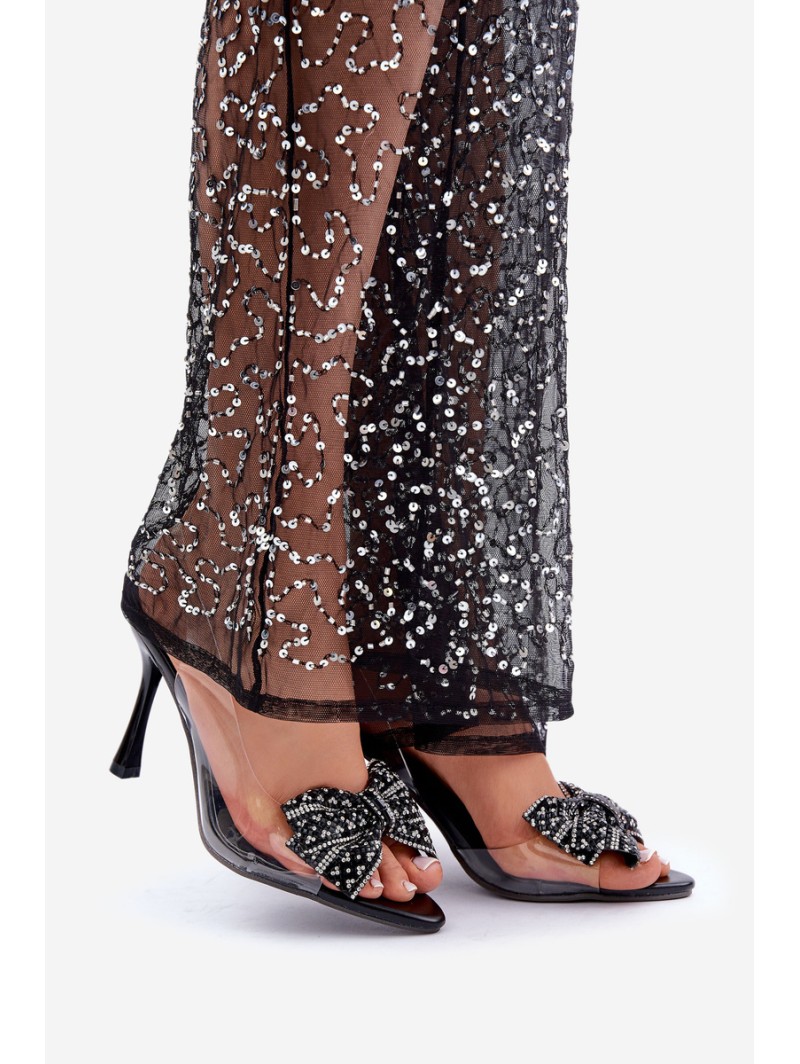 Transparent High Heel Sandals With Shiny Bow Black Viosta
