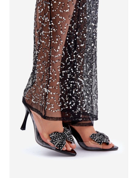 Transparent High Heel Sandals With Shiny Bow Black Viosta