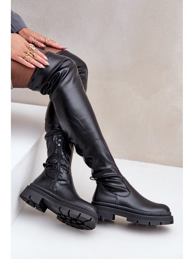 Knee High Boots With Flat Heel Black Feliri