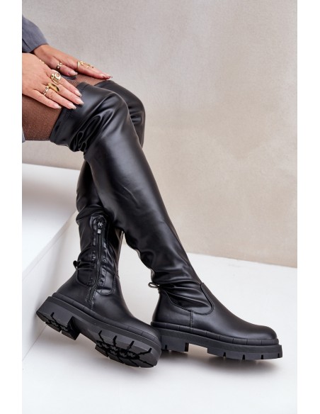 Knee High Boots With Flat Heel Black Feliri