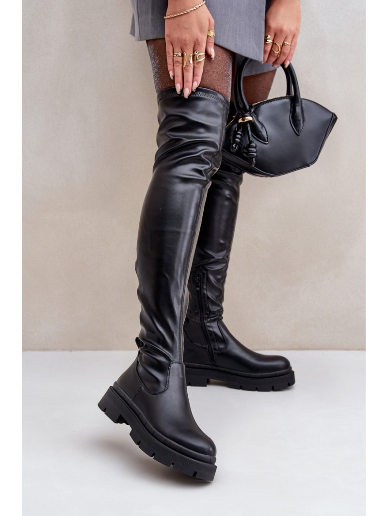 Knee High Boots With Flat Heel Black Feliri