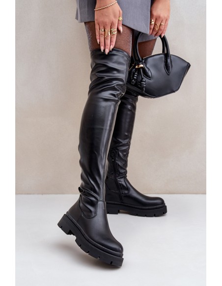Knee High Boots With Flat Heel Black Feliri
