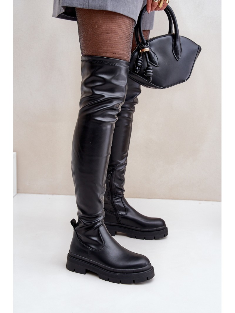 Knee High Boots With Flat Heel Black Feliri