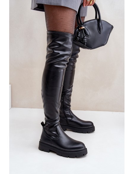 Knee High Boots With Flat Heel Black Feliri