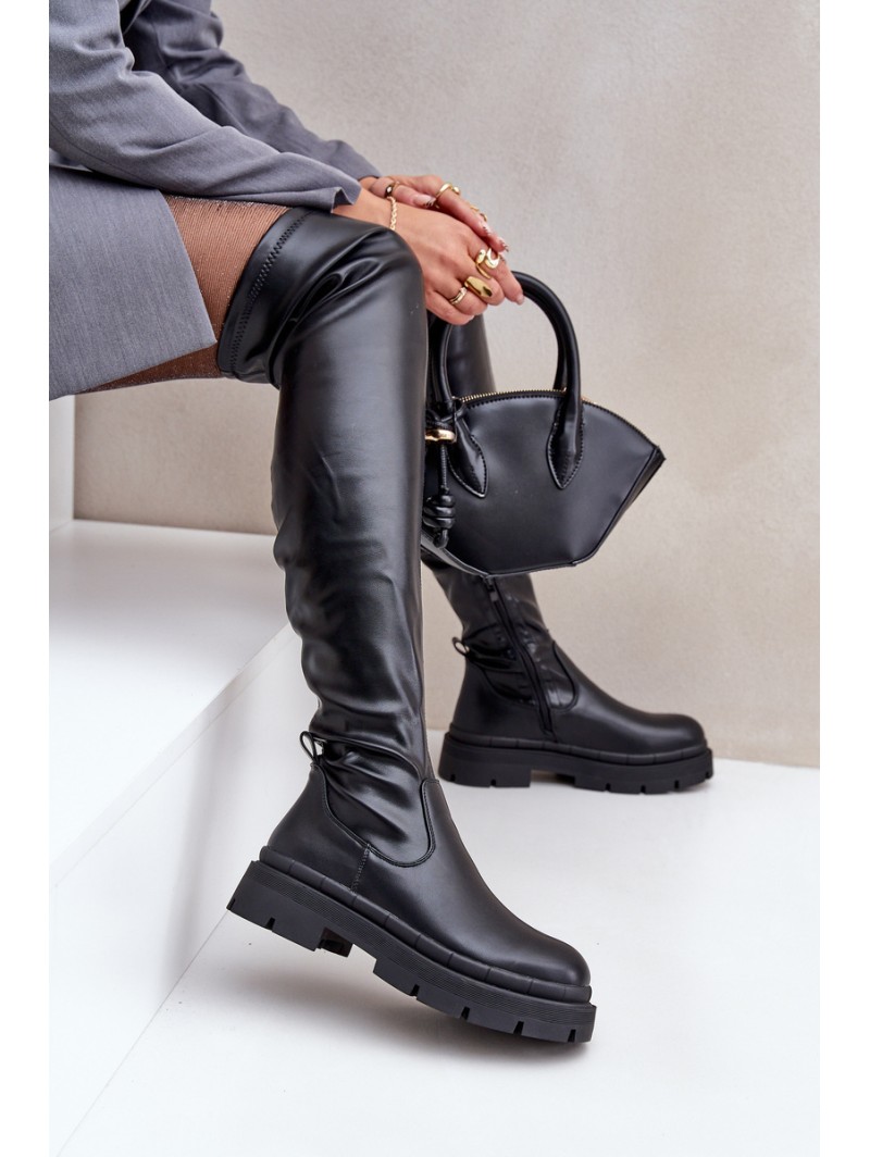 Knee High Boots With Flat Heel Black Feliri