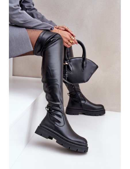Knee High Boots With Flat Heel Black Feliri